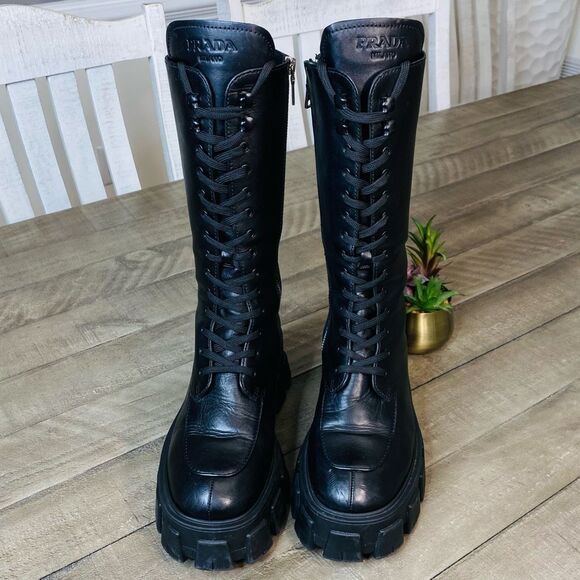 Prada Lug-Sole Tall Leather Combat Boots Size 7 (37.5) - Picture 4 of 15